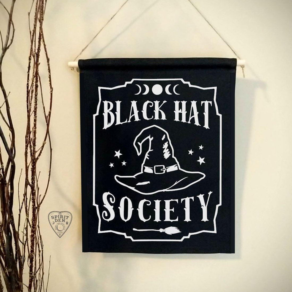 Black Hat Society Witch Hat Black Canvas Wall Banner - The Spirit Den