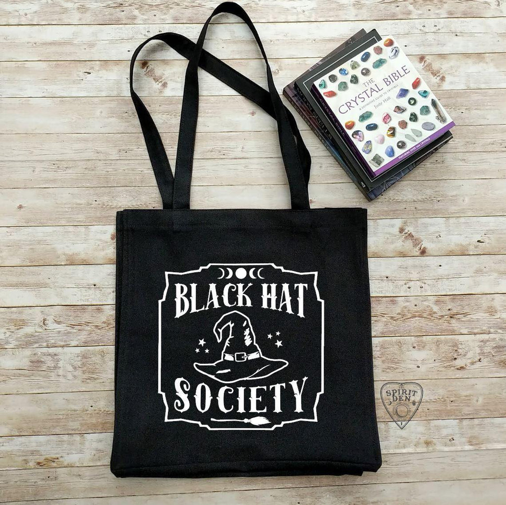 Black Hat Society Witch Hat Black Cotton Canvas Market Tote Bag - The Spirit Den