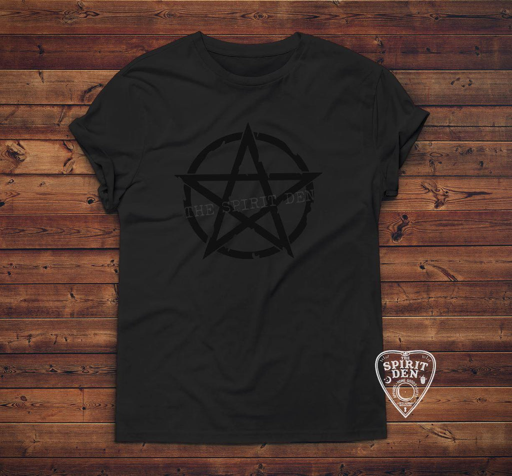Black on Black Distressed Pentacle T-Shirt - The Spirit Den
