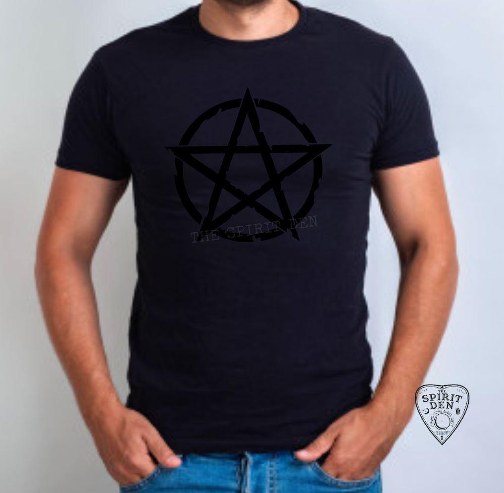 Black on Black Distressed Pentacle T-Shirt - The Spirit Den