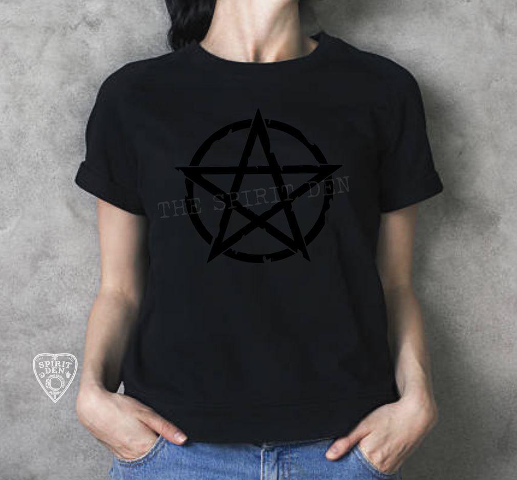 Black on Black Distressed Pentacle Symbol T-Shirt Extended Sizes - The Spirit Den