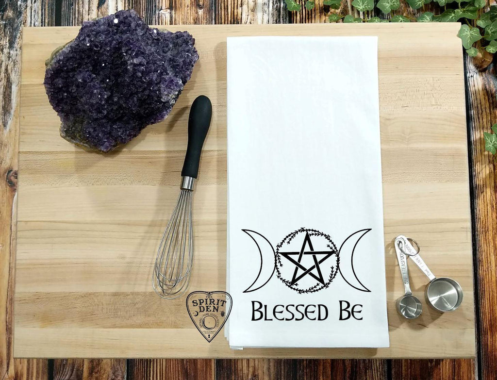 Blessed Be Triple Moon Pentacle Wreath Flour Sack Towel - The Spirit Den