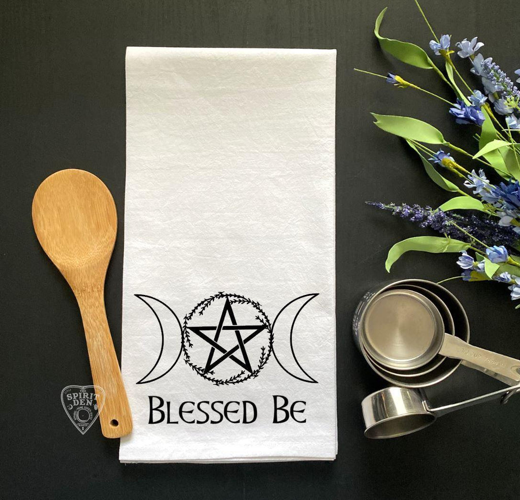 Blessed Be Triple Moon Pentacle Wreath Flour Sack Towel - The Spirit Den