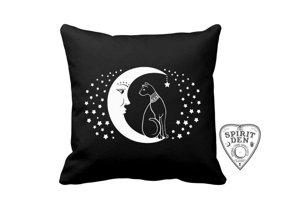 Cat and the Moon Black Pillow - The Spirit Den