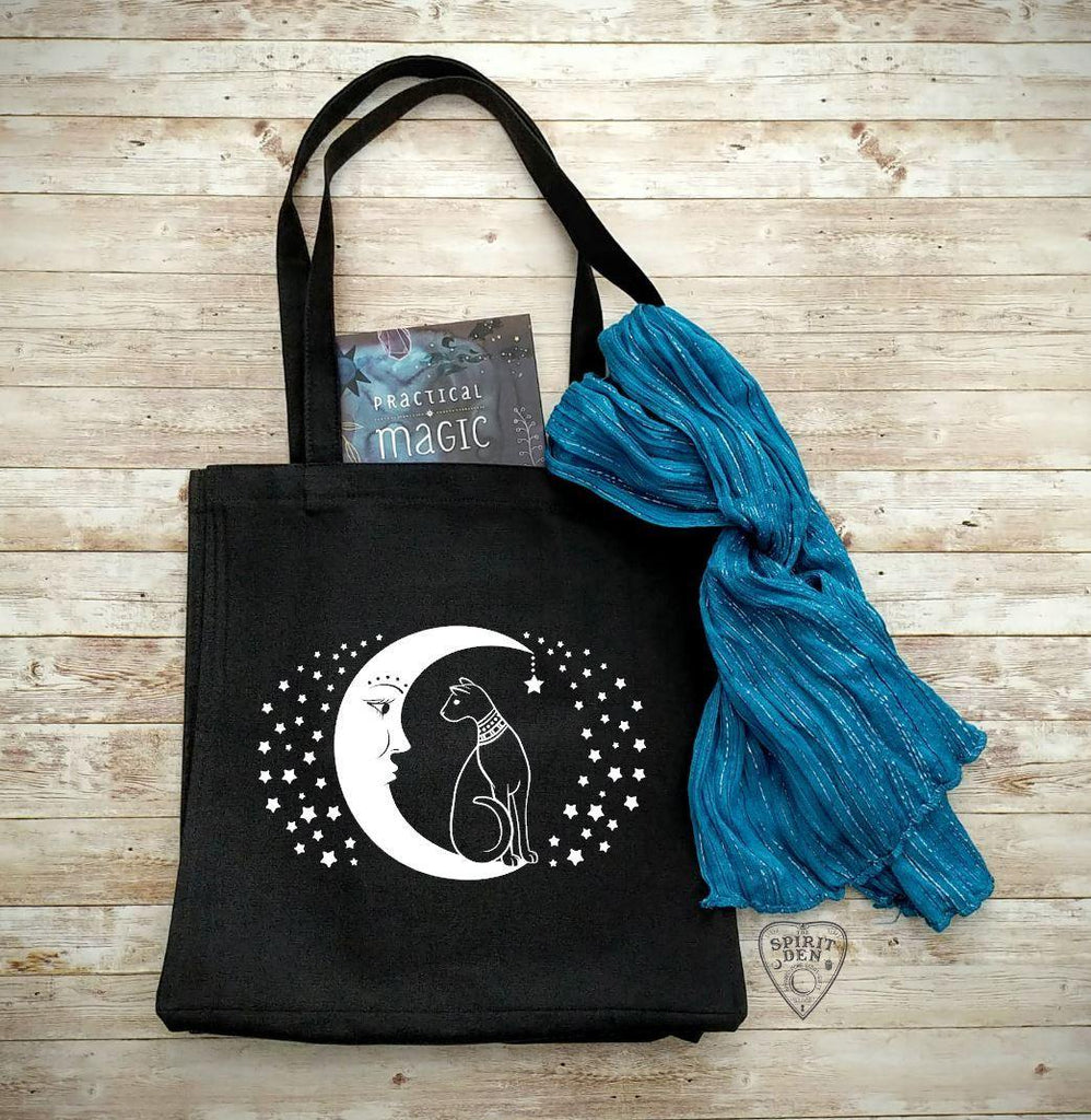 Cat and the Moon Black Cotton Canvas Market Tote Bag - The Spirit Den