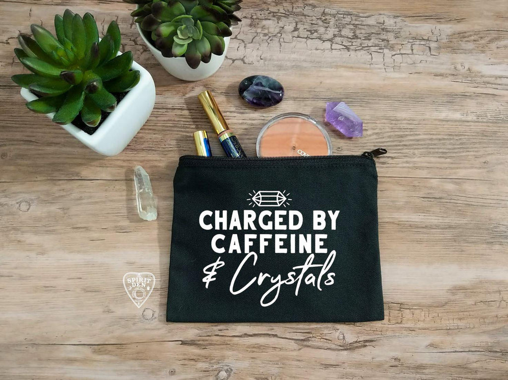 Charged By Caffeine and Crystals Black Canvas Zipper Bag - The Spirit Den
