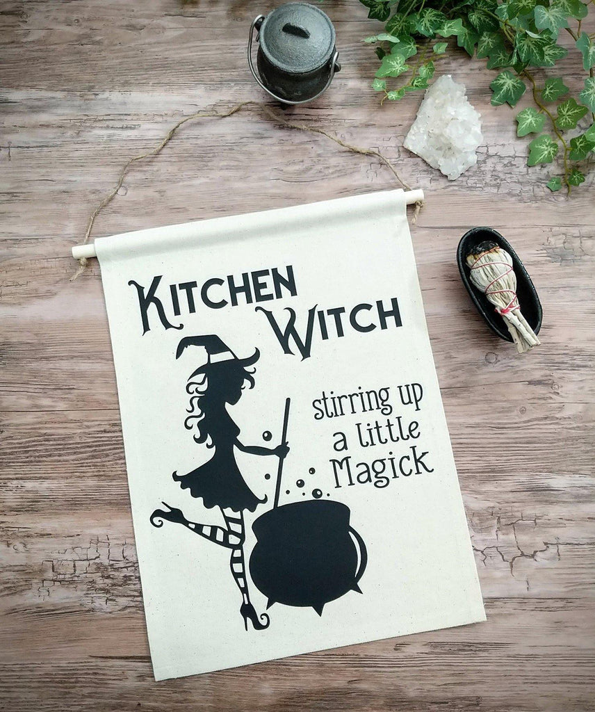 Kitchen Witch Stirring up a Little Magick Cotton Canvas Wall Banner - The Spirit Den