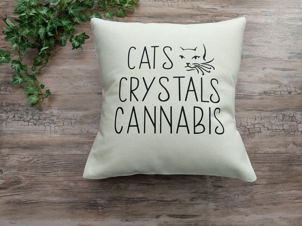 Cats Crystals Cannabis Cotton Canvas Natural Pillow - The Spirit Den