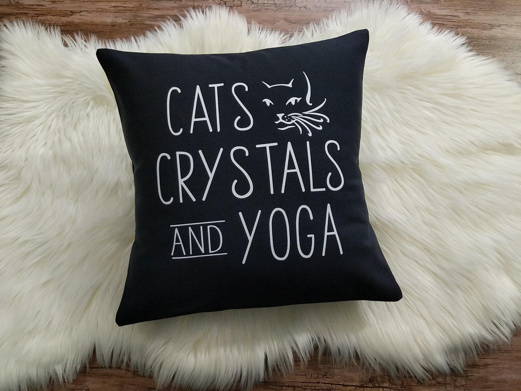 Cats Crystals Yoga Black Cotton Pillow - The Spirit Den