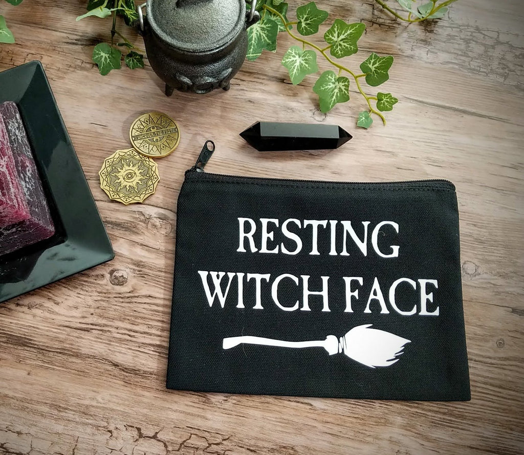 Resting Witch Face Broom Black Canvas Zipper Bag