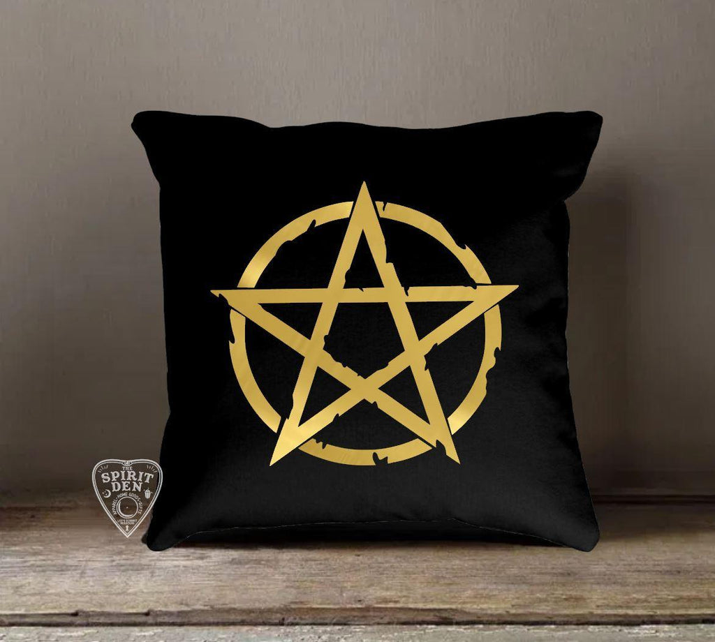 Gold Pentacle Black Cotton Pillow | Pillow Cover - The Spirit Den