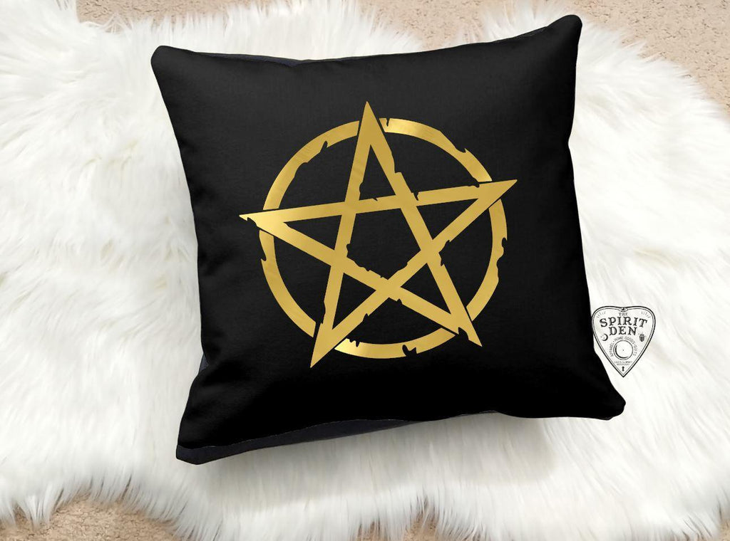 Gold Pentacle Black Cotton Pillow | Pillow Cover - The Spirit Den