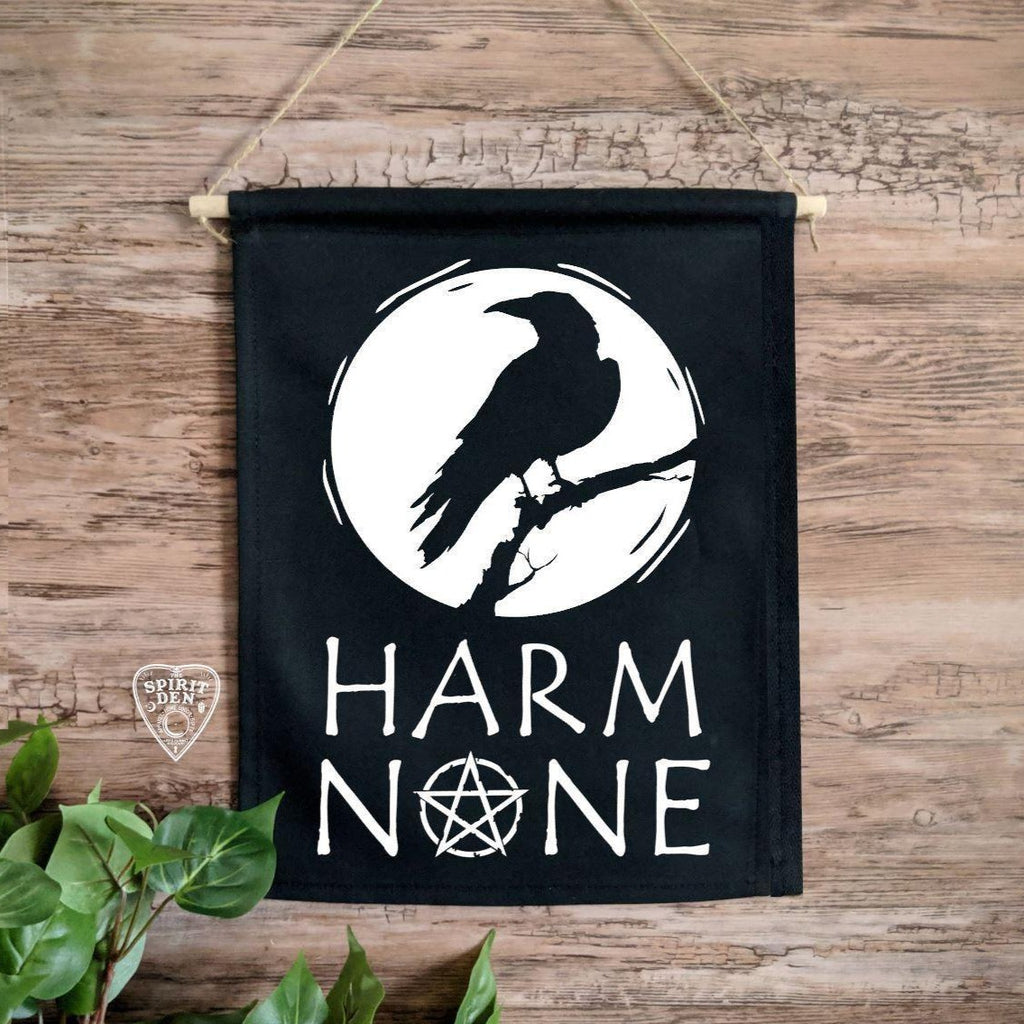 Harm None Raven Black Cotton Canvas Wall Banner - The Spirit Den