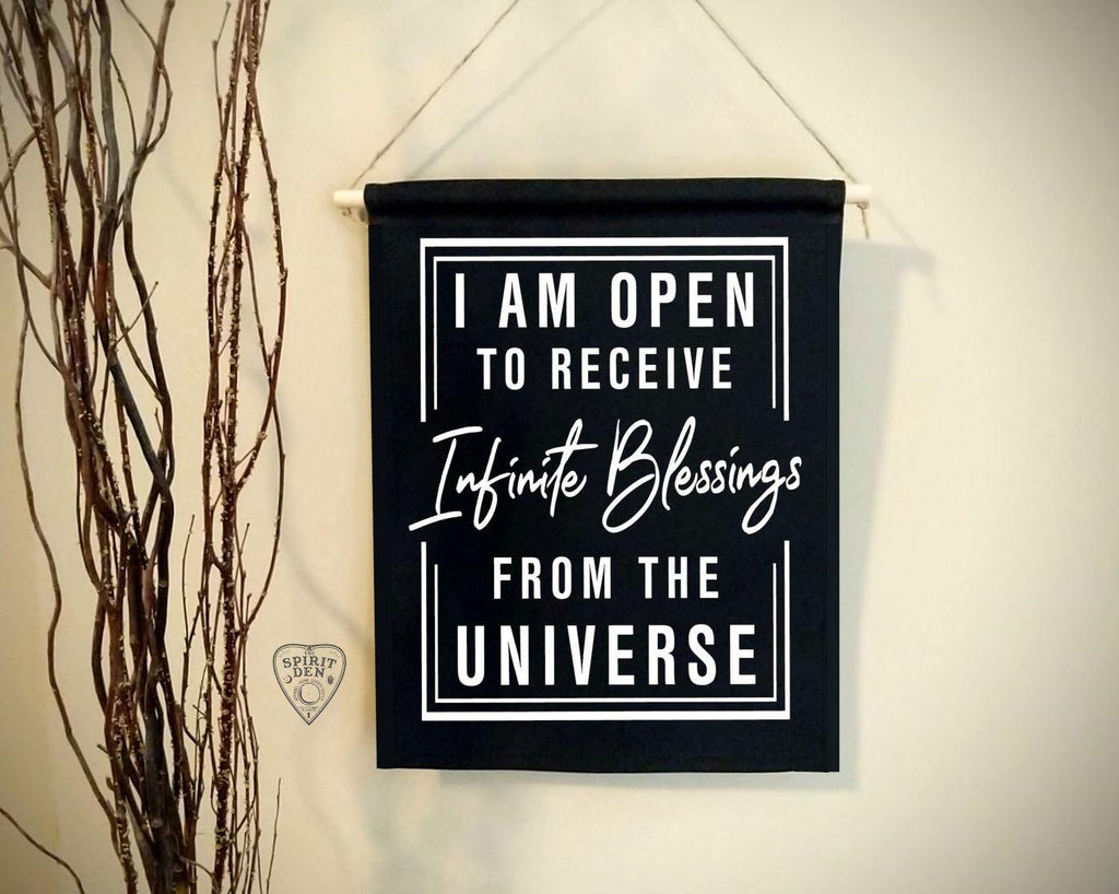I Am Open To Receive Infinite Blessings From The Universe Black Canvas Wall Banner - The Spirit Den