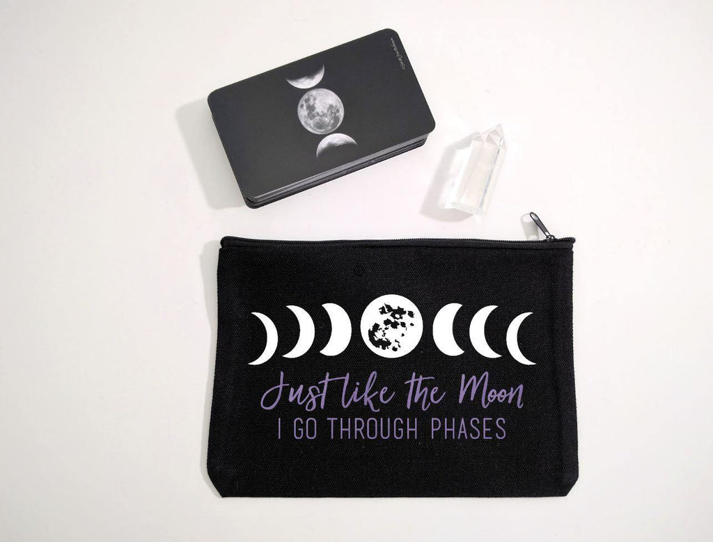 Just Like The Moon I Go Through Phases (White Moons Purple Text) Black Zipper Bag - The Spirit Den