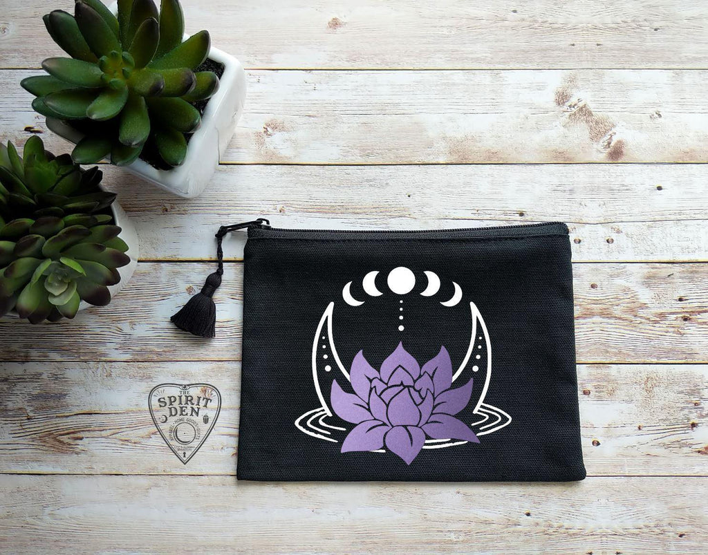 Lotus Moon Phases Black Zipper Bag - The Spirit Den
