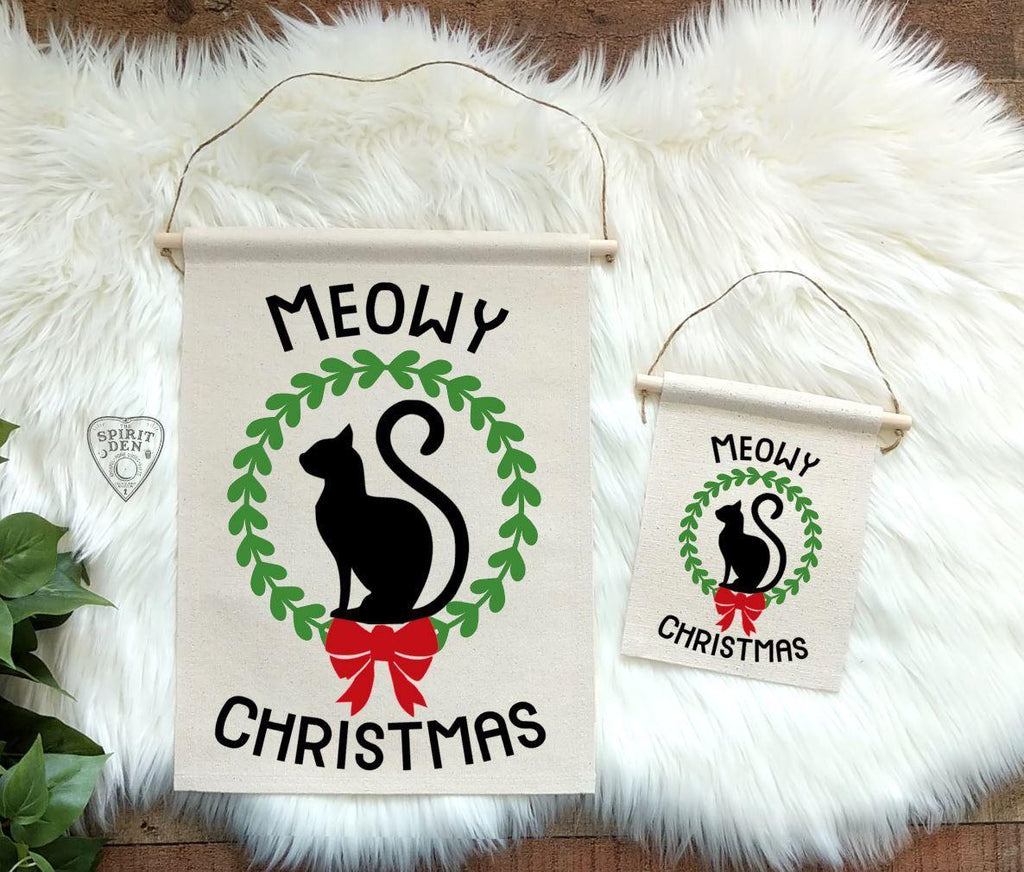 Meowy Christmas Kitty Cat Cotton Canvas Wall Banner - The Spirit Den