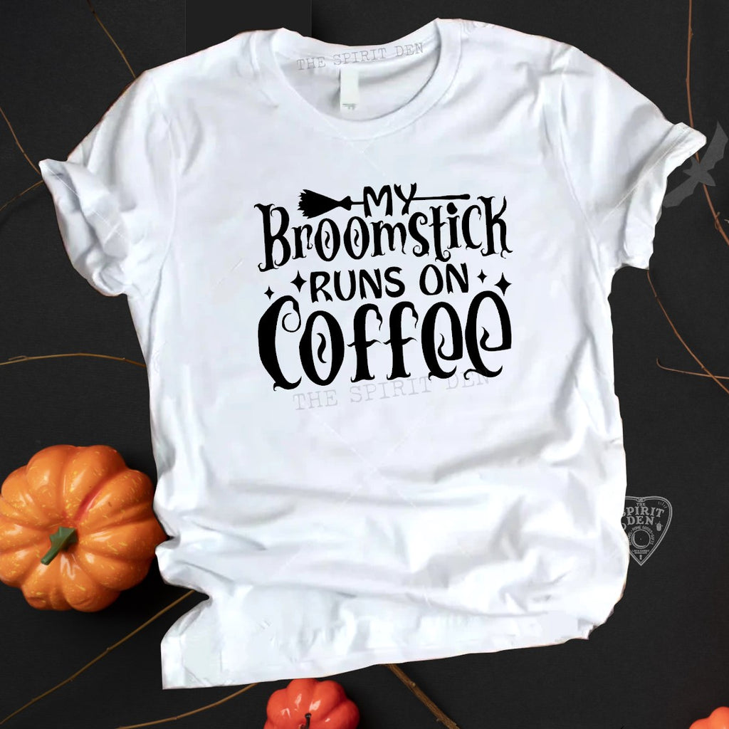 My Broomstick Runs On Coffee White Unisex T-shirt