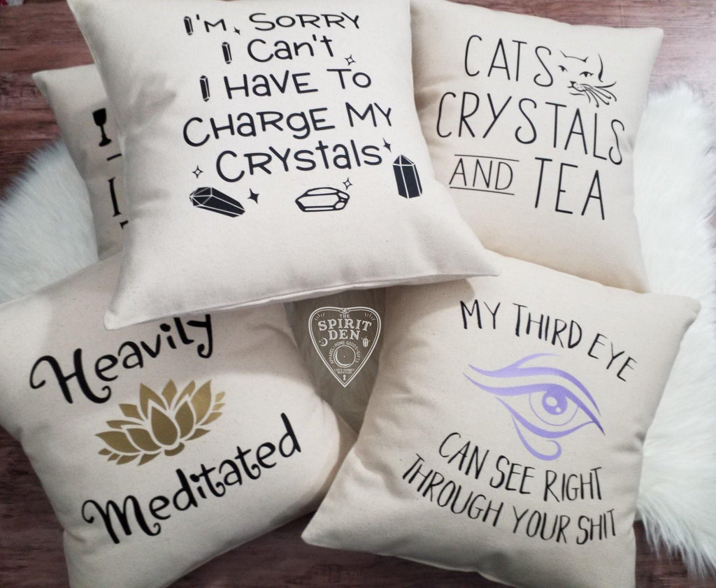 Cats Crystals and Tea Cotton Canvas Natural Pillow - The Spirit Den