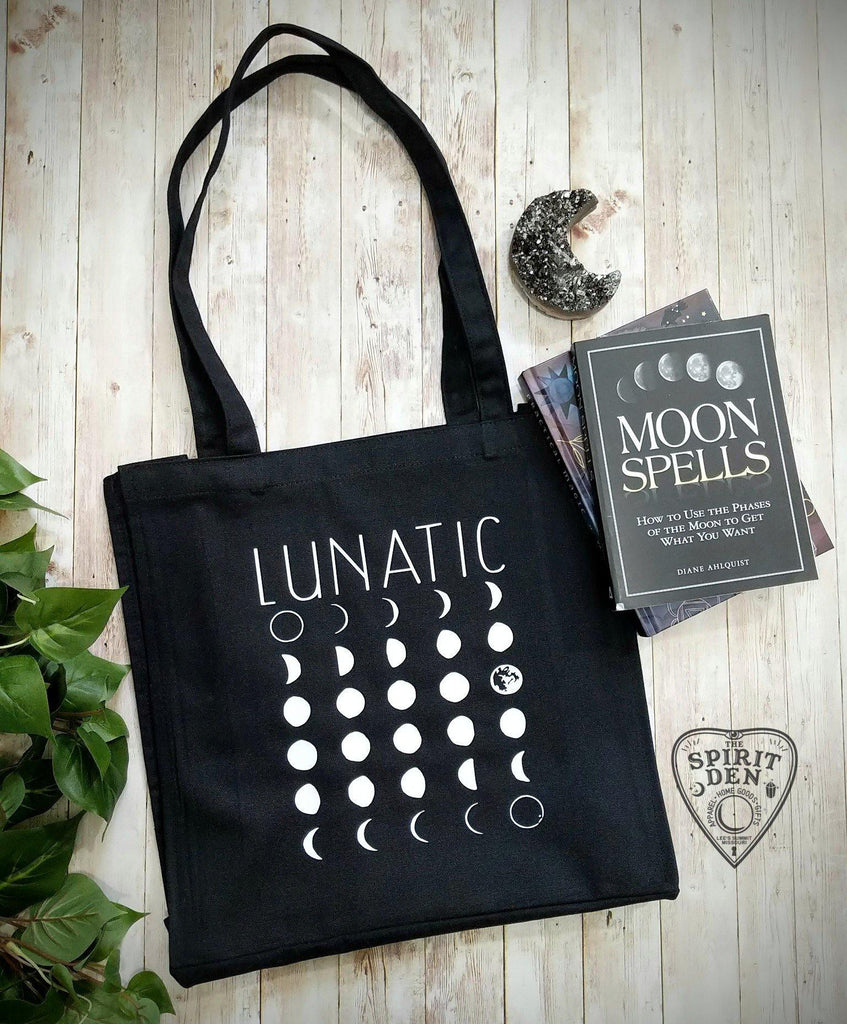 Lunatic Moon Phases Black Canvas Market Tote Bag - The Spirit Den