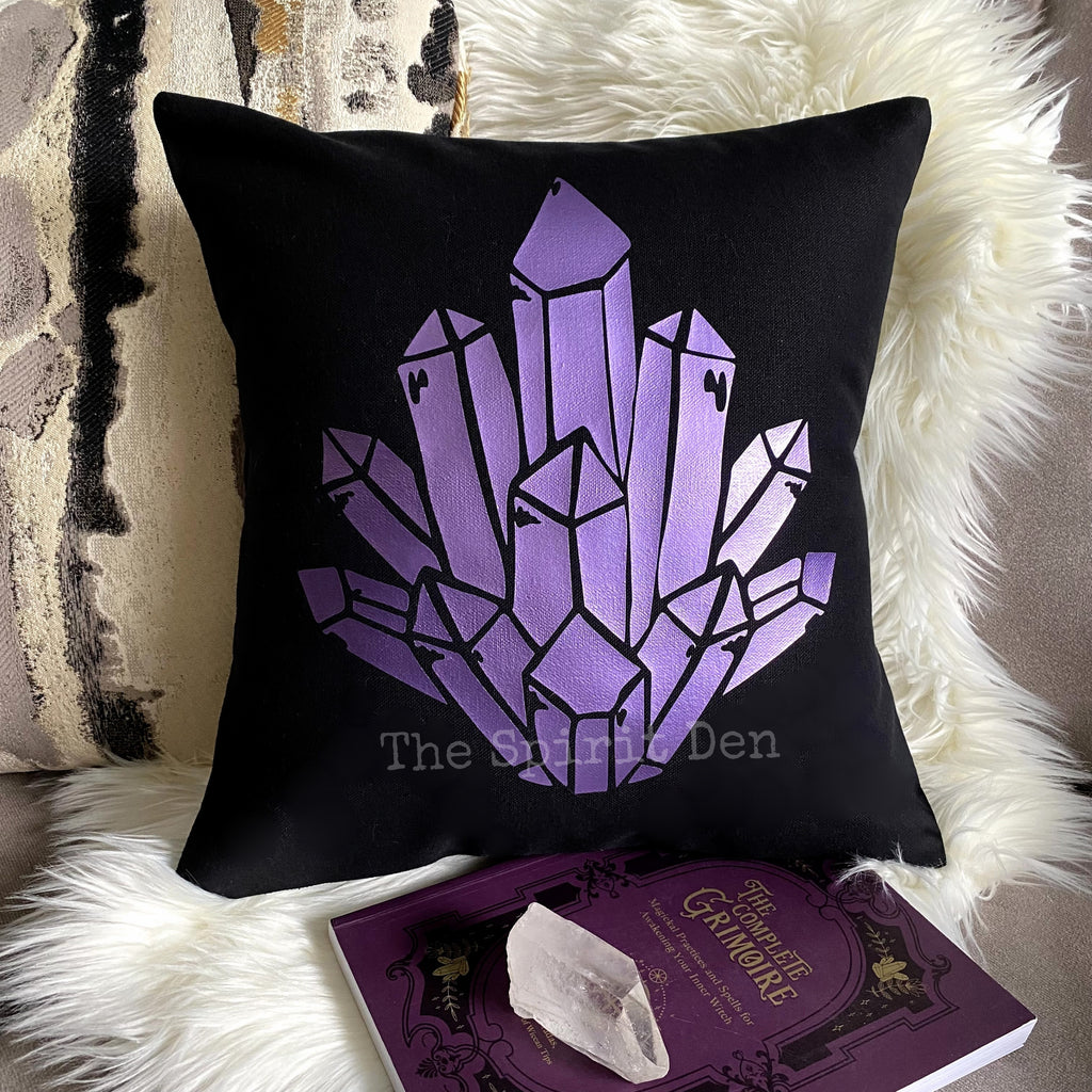 Purple Aura Quartz Black Pillow