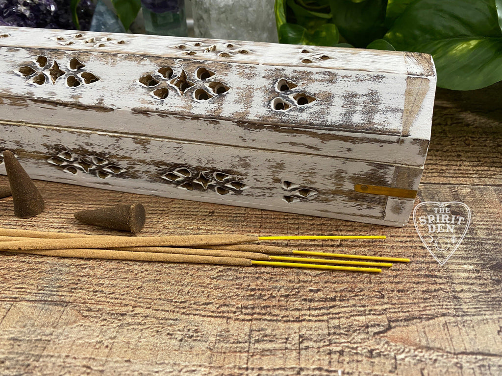 White Washed Wood Incense Box Burner & Storage for Incense Cones and Sticks - The Spirit Den