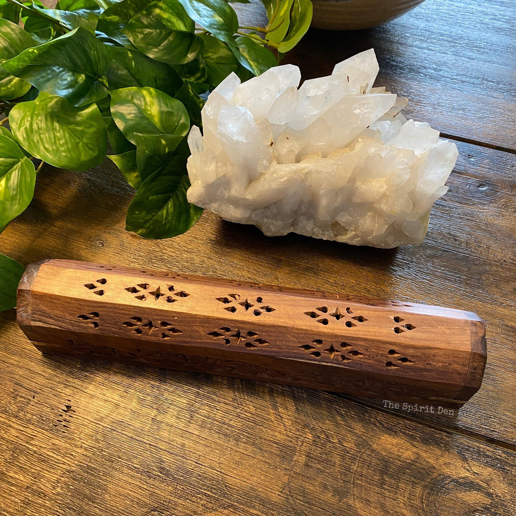 Carved Filigree Wood Incense Box Burner & Storage for Incense Cones and Sticks - The Spirit Den