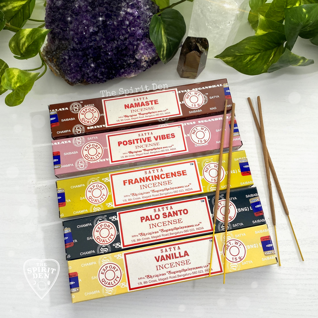 Satya Assorted Incense 15g Box | Vanilla, Namaste, Positive Vibes or Palo Santo - The Spirit Den