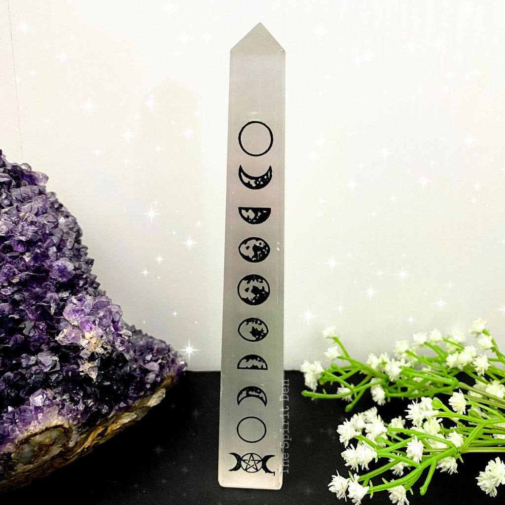 Moon Phase Engraved Selenite Obelisk