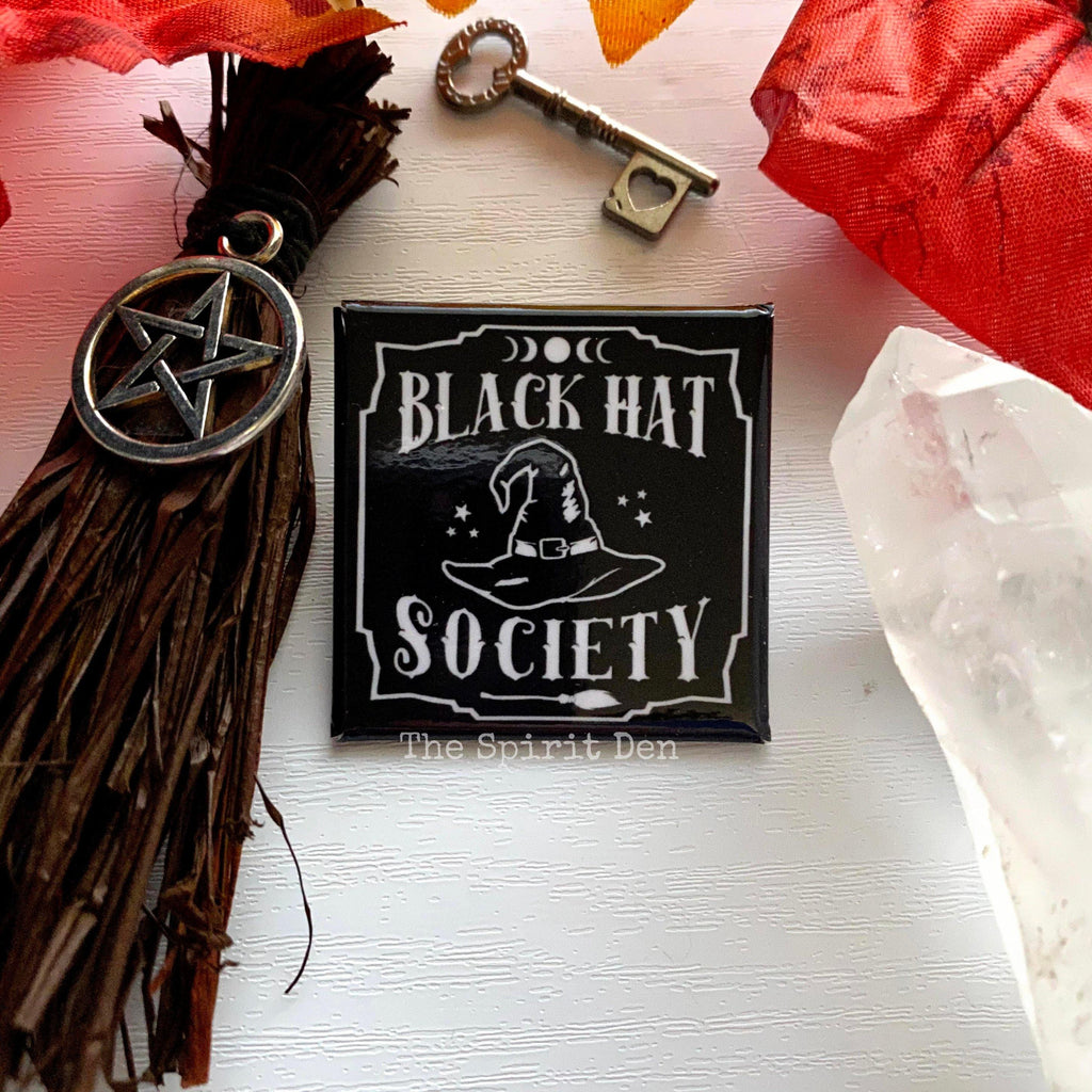 Black Hat Society Witch Hat Black Square Pinback Button - The Spirit Den