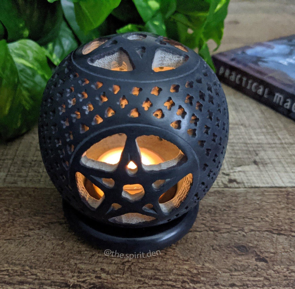 Black Pentacle Soapstone Sphere Candle Holder or Incense Burner - The Spirit Den