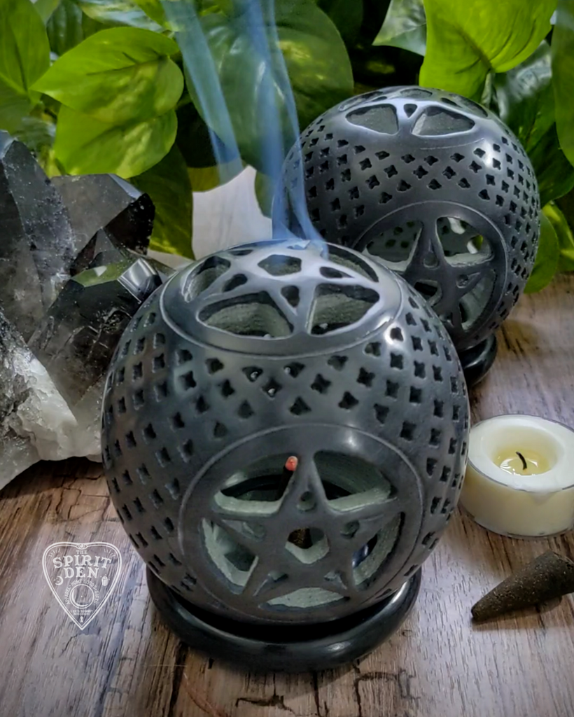Black Pentacle Soapstone Sphere Candle Holder or Incense Burner - The Spirit Den