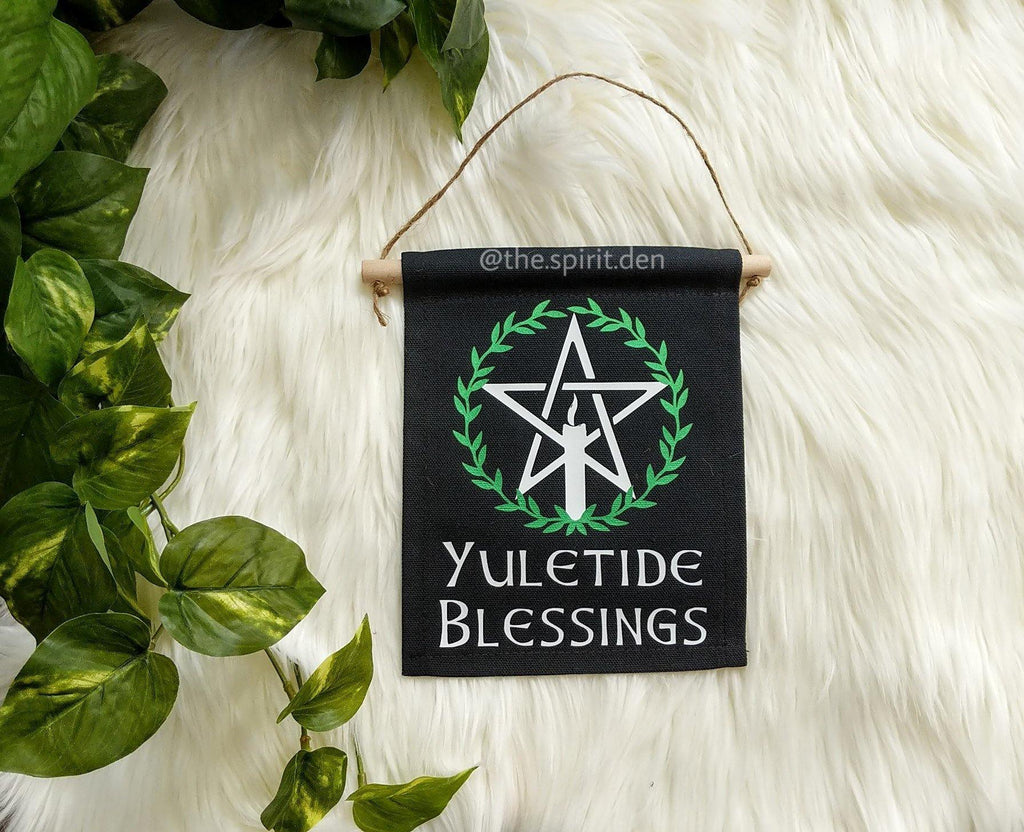 Yuletide Blessings Pentacle Black Canvas Banner - The Spirit Den
