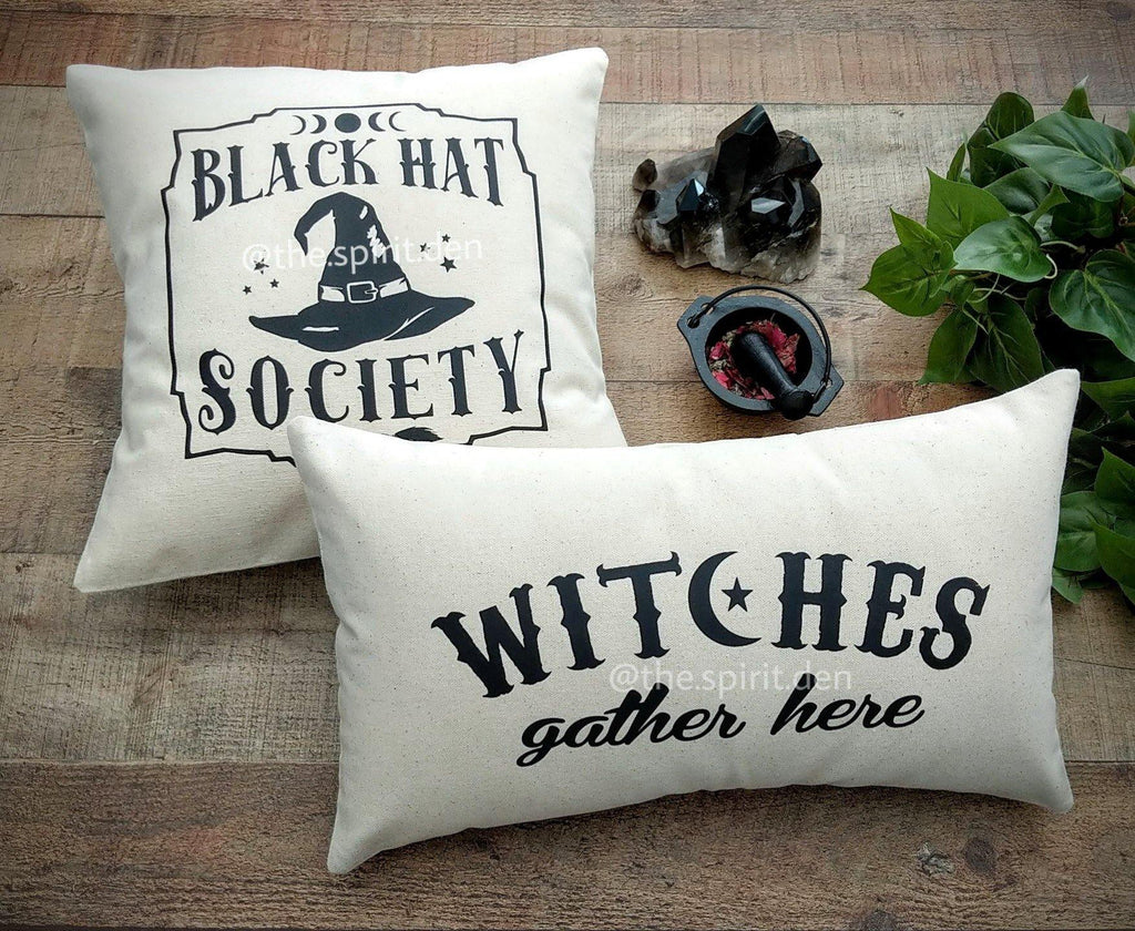 Black Hat Society Witch Hat Cotton Canvas Natural Pillow - The Spirit Den