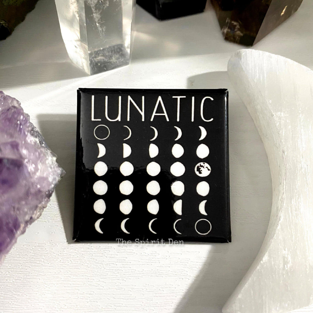 LUNATIC Moon Phases Square Black Pinback Button - The Spirit Den