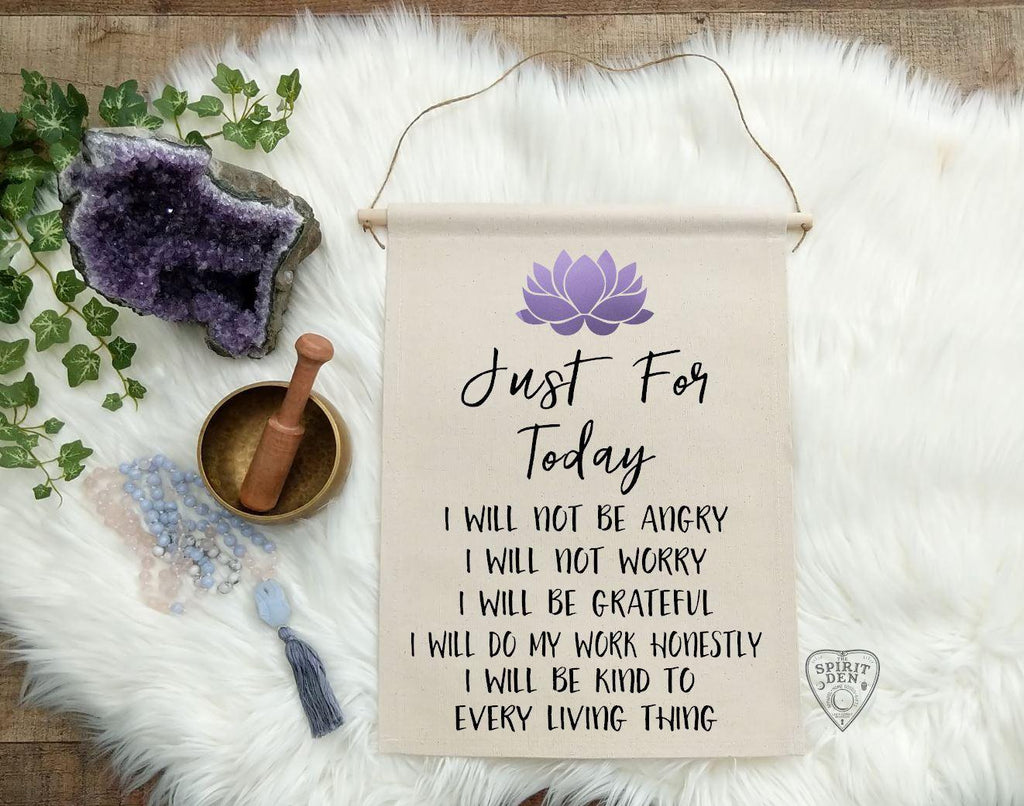 Reiki Principles Just for Today Purple Lotus Cotton Canvas Wall Banner - The Spirit Den