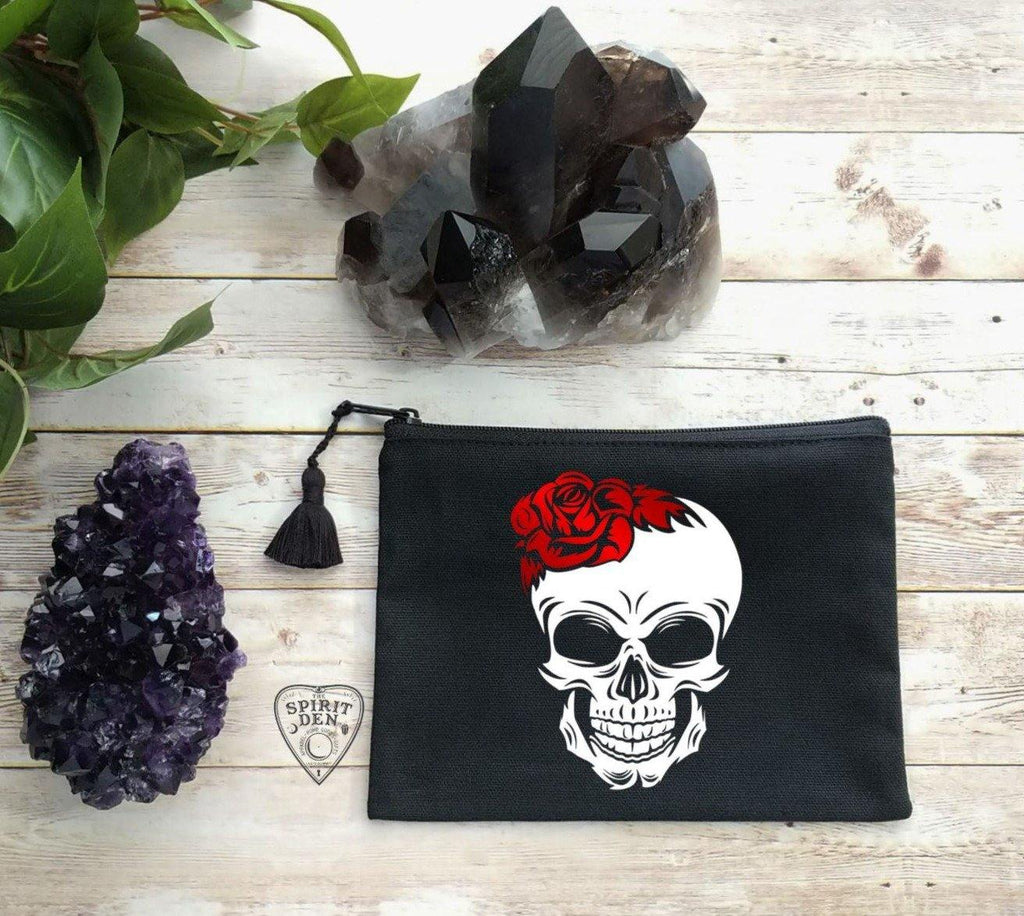 Red Rose Skull Black Zipper Bag - The Spirit Den