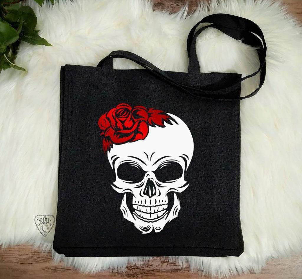 Red Rose Skull Black Canvas Tote Bag - The Spirit Den