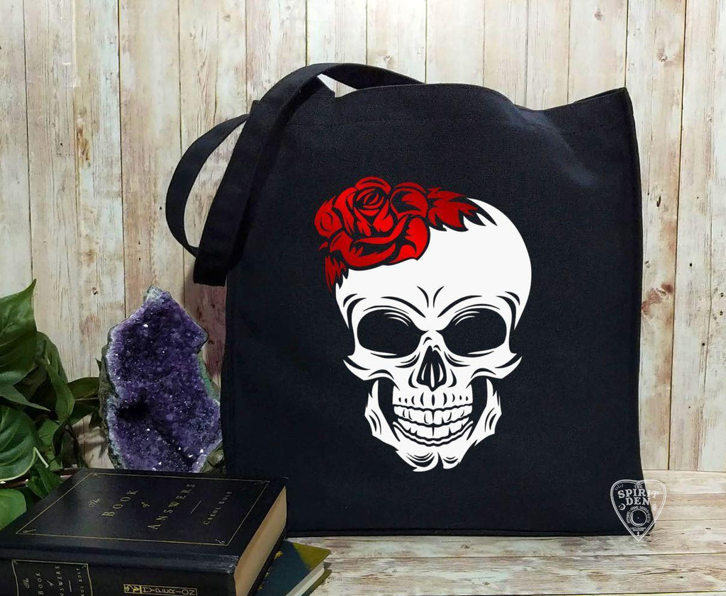 Red Rose Skull Black Canvas Tote Bag - The Spirit Den