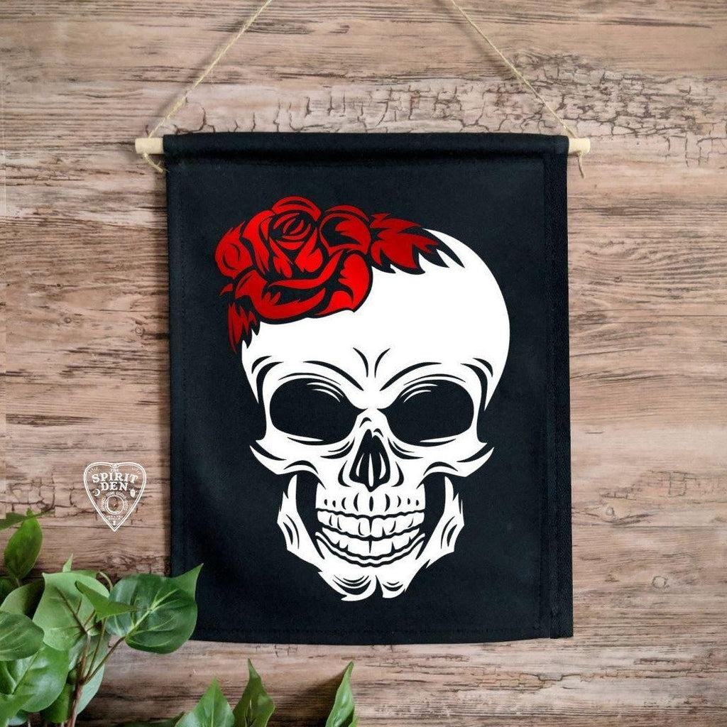 Red Rose Skull Black Canvas Wall Banner - The Spirit Den