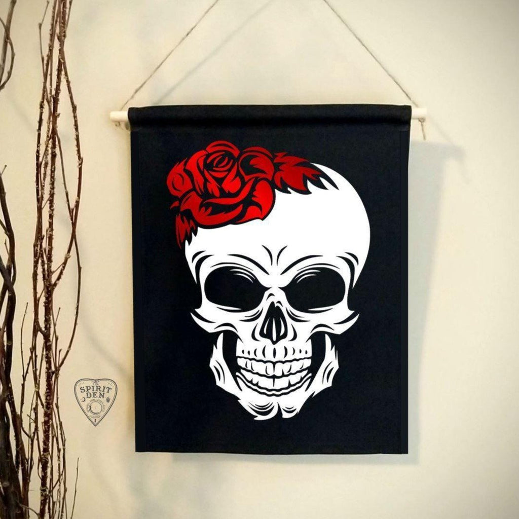 Red Rose Skull Black Canvas Wall Banner - The Spirit Den