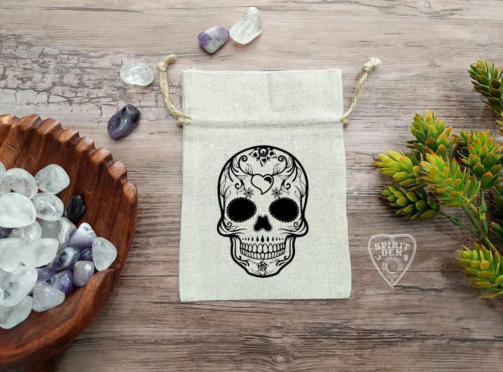 Sugar Skull Tarot Deck Bag | Crystal Pouch | Drawstring Cotton Linen Bag - The Spirit Den
