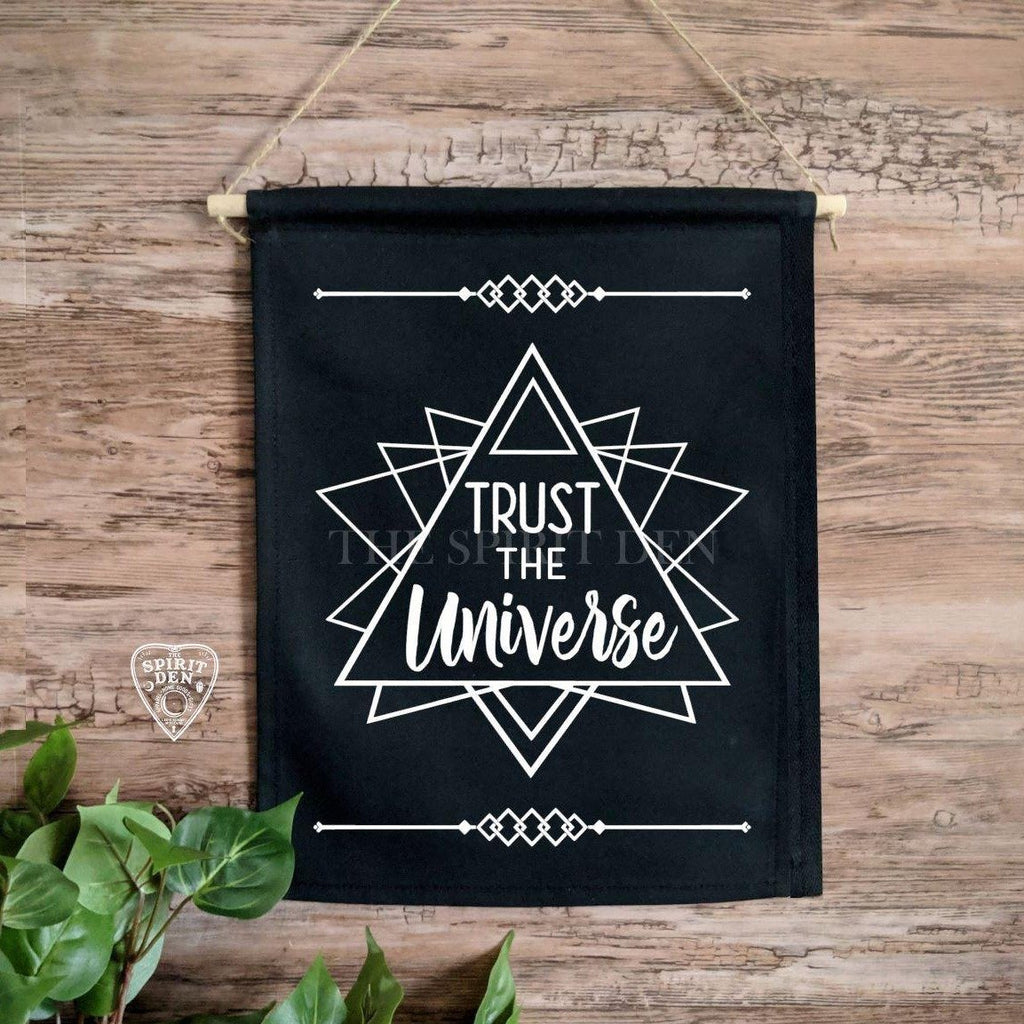 Trust The Universe Sacred Geometry Black Canvas Wall Banner - The Spirit Den