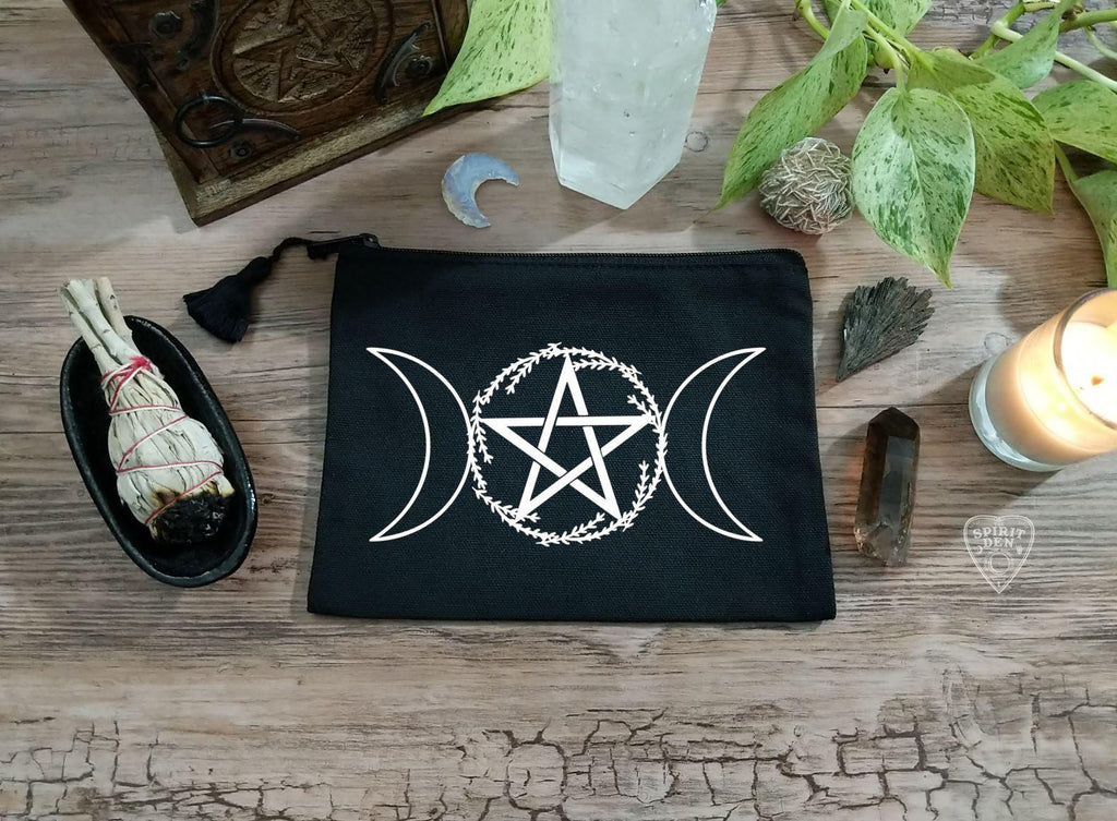 Triple Moon Pentacle Wreath Black Canvas Zipper Bag - The Spirit Den