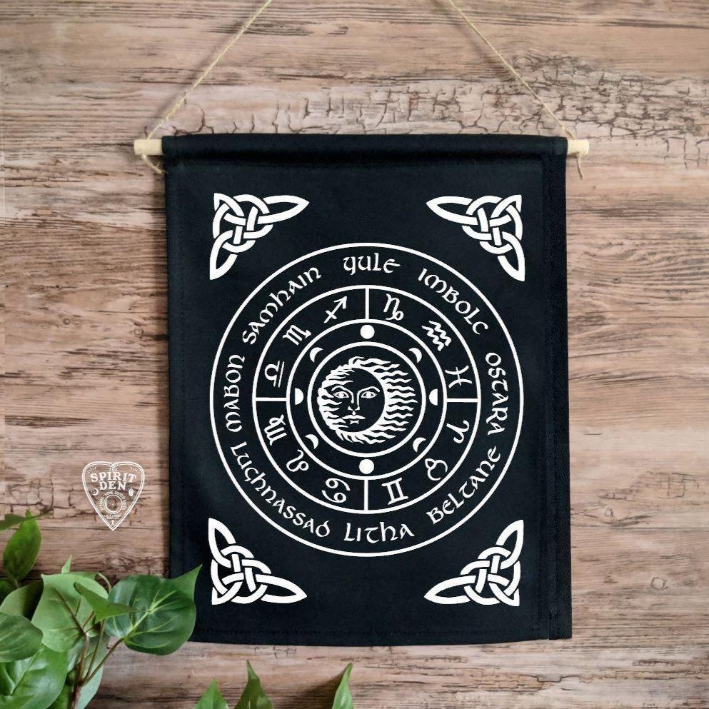 Wheel of the Year Black Canvas Wall Banner - The Spirit Den