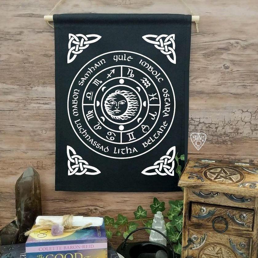 Wheel of the Year Black Canvas Wall Banner - The Spirit Den