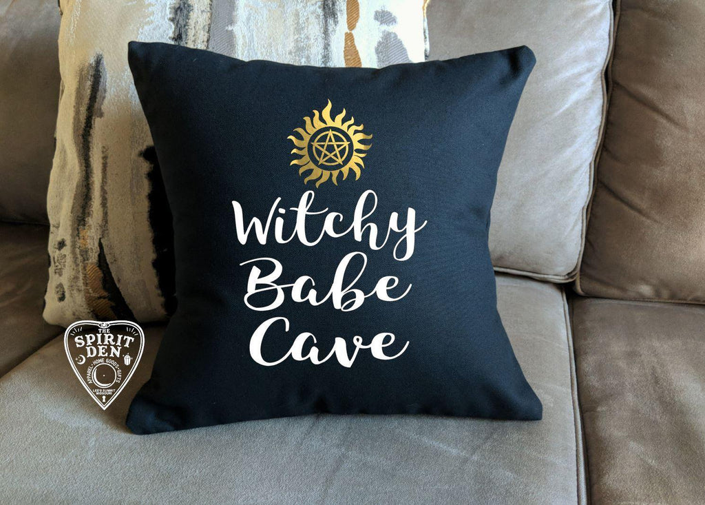 Witchy Babe Cave Black Cotton Pillow - The Spirit Den