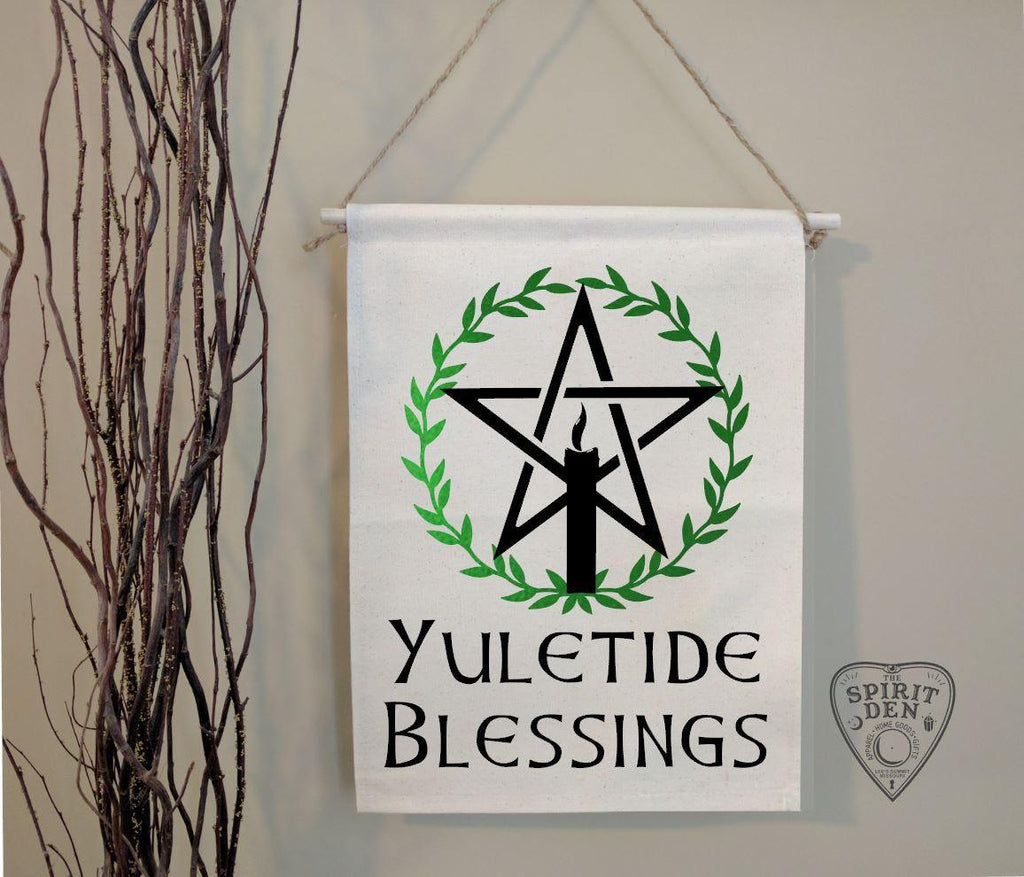 Yuletide Blessings Wreath Cotton Canvas Wall Banner - The Spirit Den