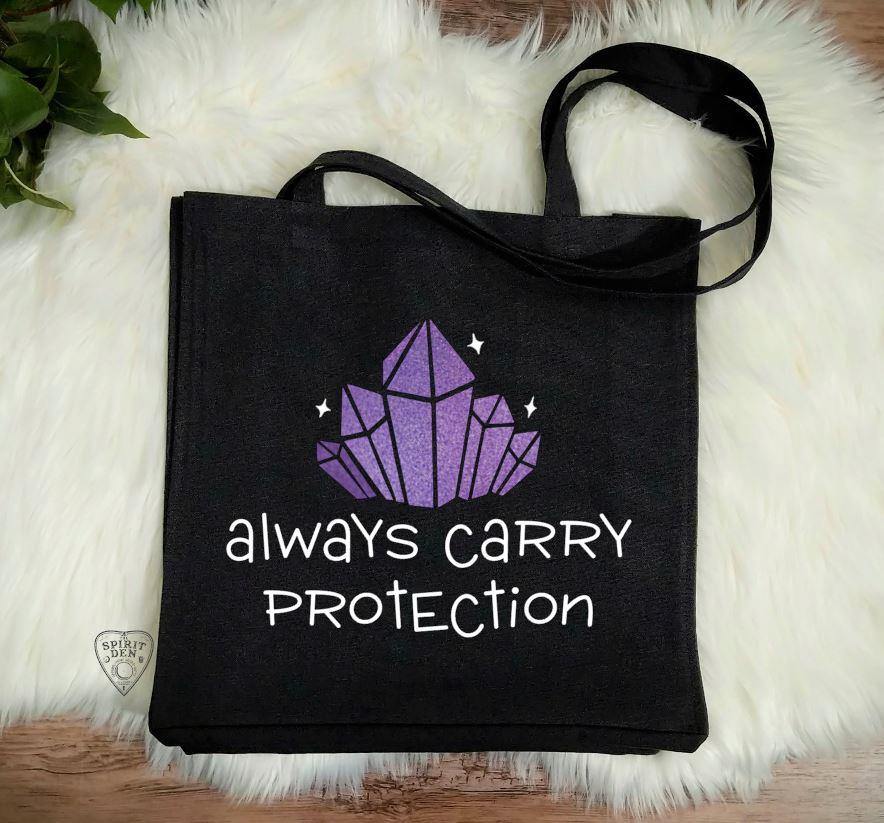 Always Carry Protection Crystals Black Canvas Market Tote Bag - The Spirit Den
