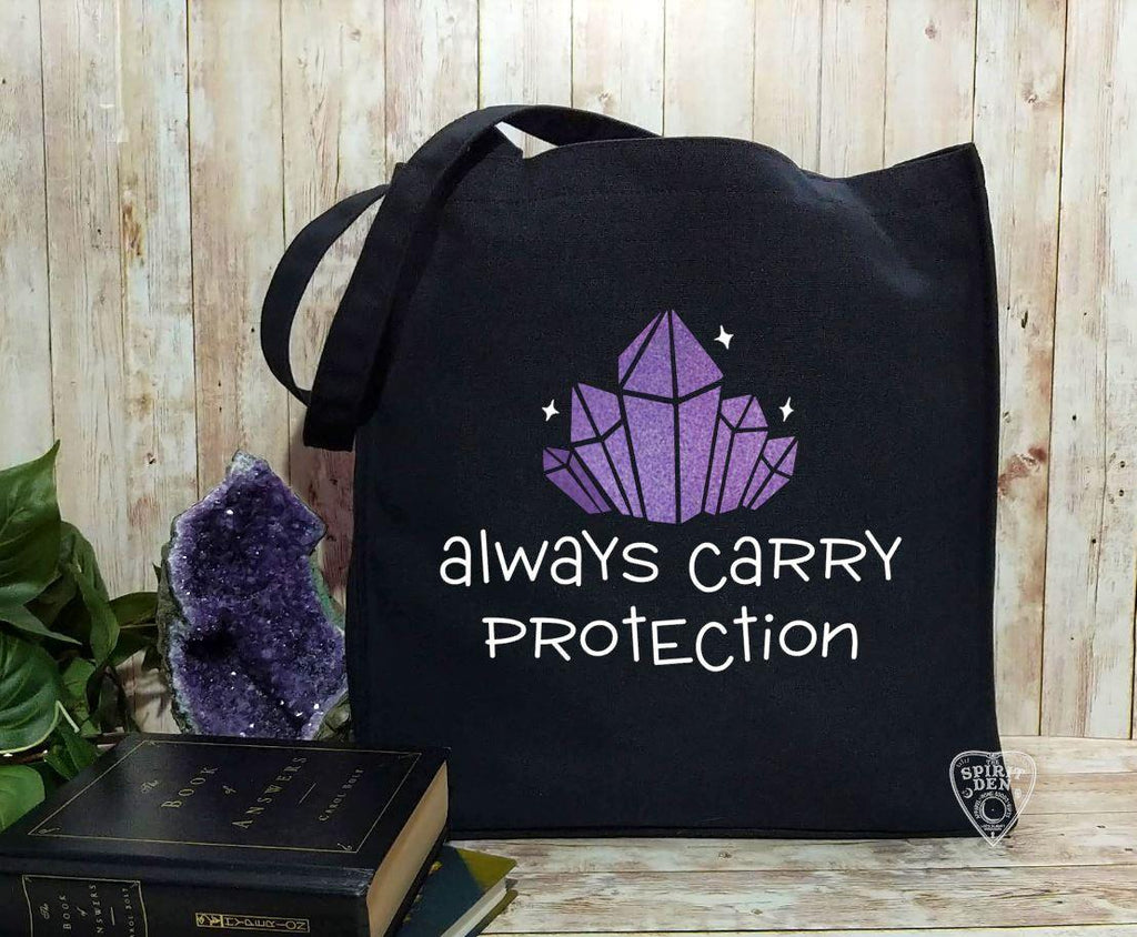 Always Carry Protection Crystals Black Canvas Market Tote Bag - The Spirit Den